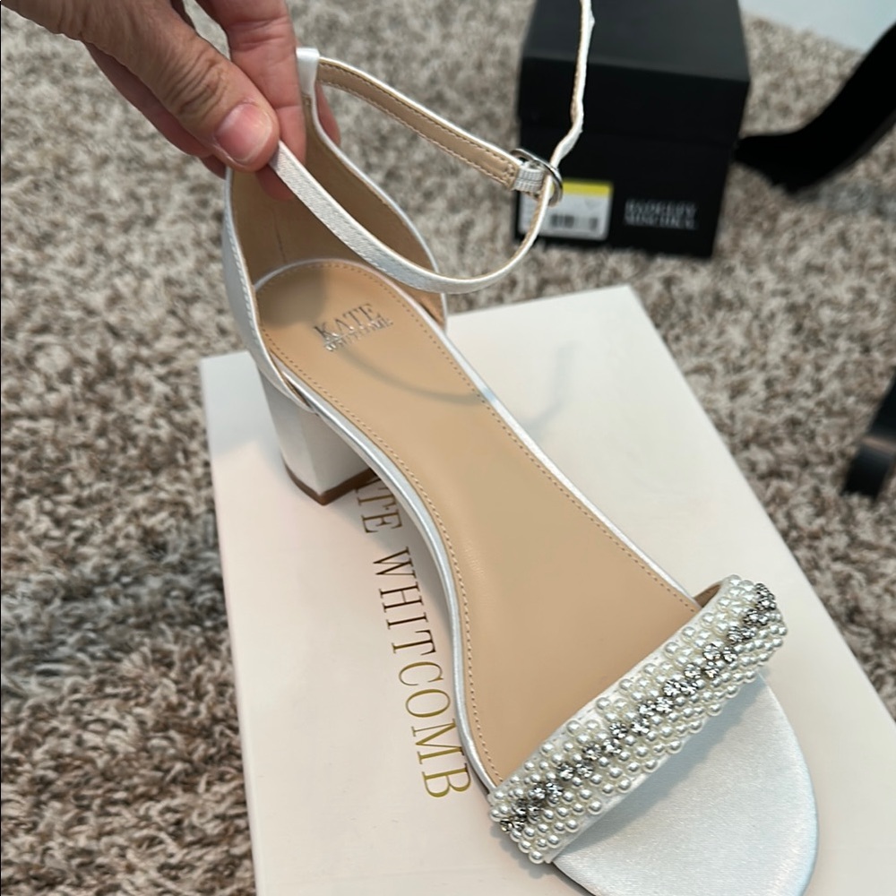 Ivory Satin Heels with Rhinestone Embellishment